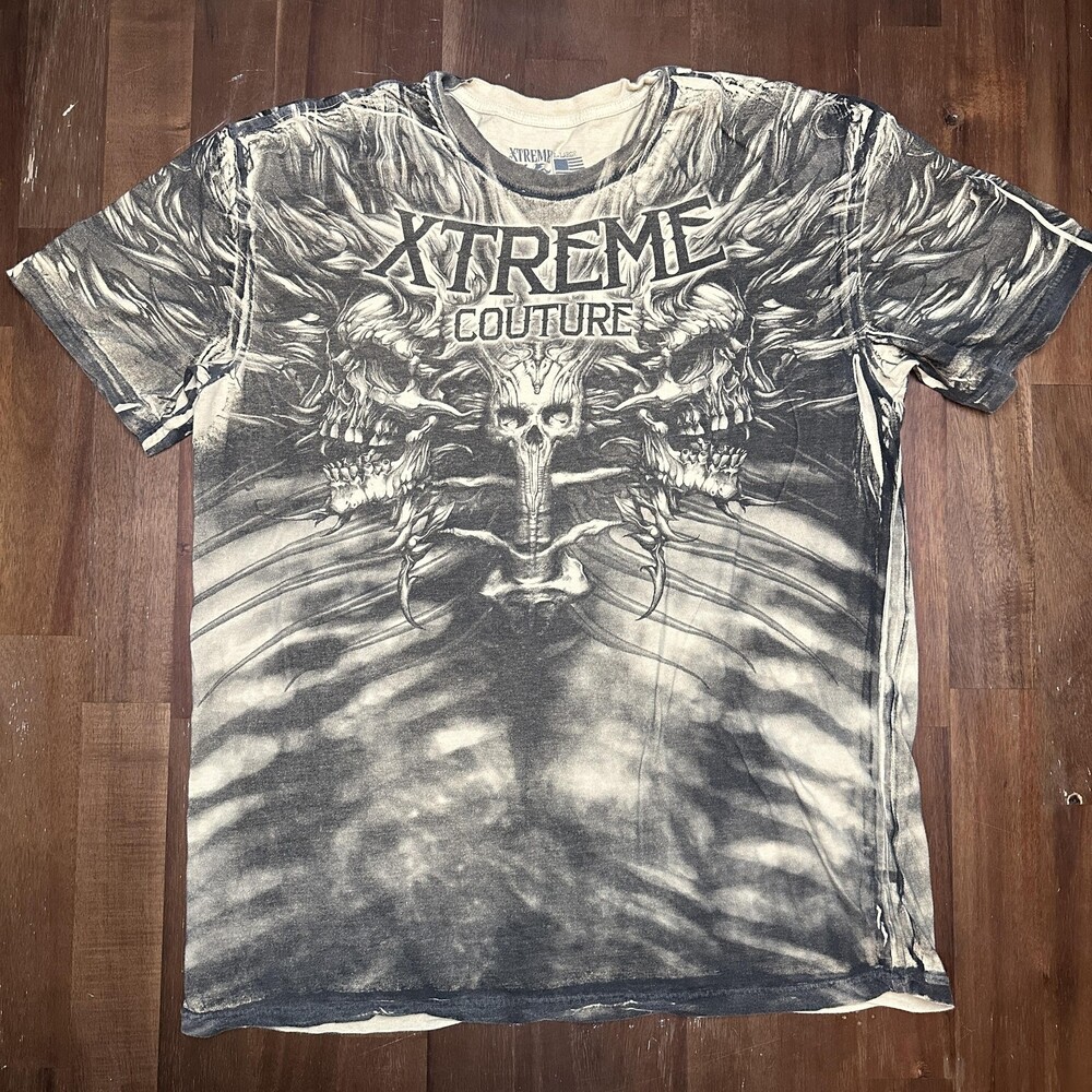 Xtreme Couture Shirt Mens XL Black Gray Skull Graphic All Over Print Rock